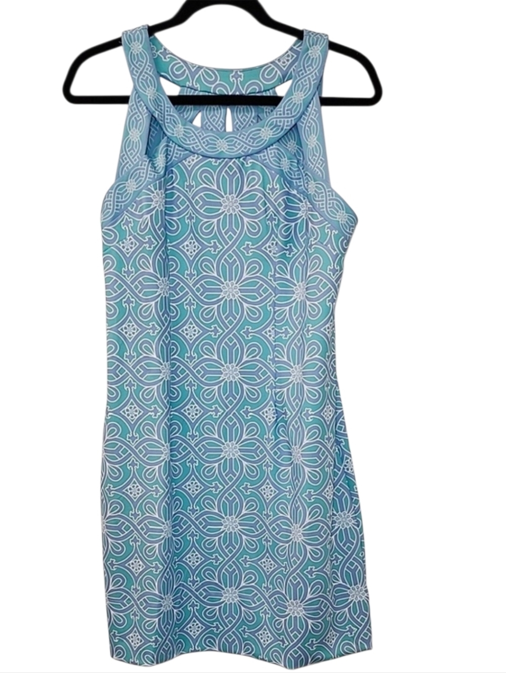 Gretchen Scott Isosceles Jersey Dress vibrant teal, blue geometric floral Sz M
